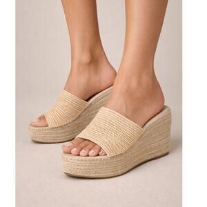 Bibi Lou Woven Raffia Platform Espadrille Wedge Slide Sandals in Natural Size 38